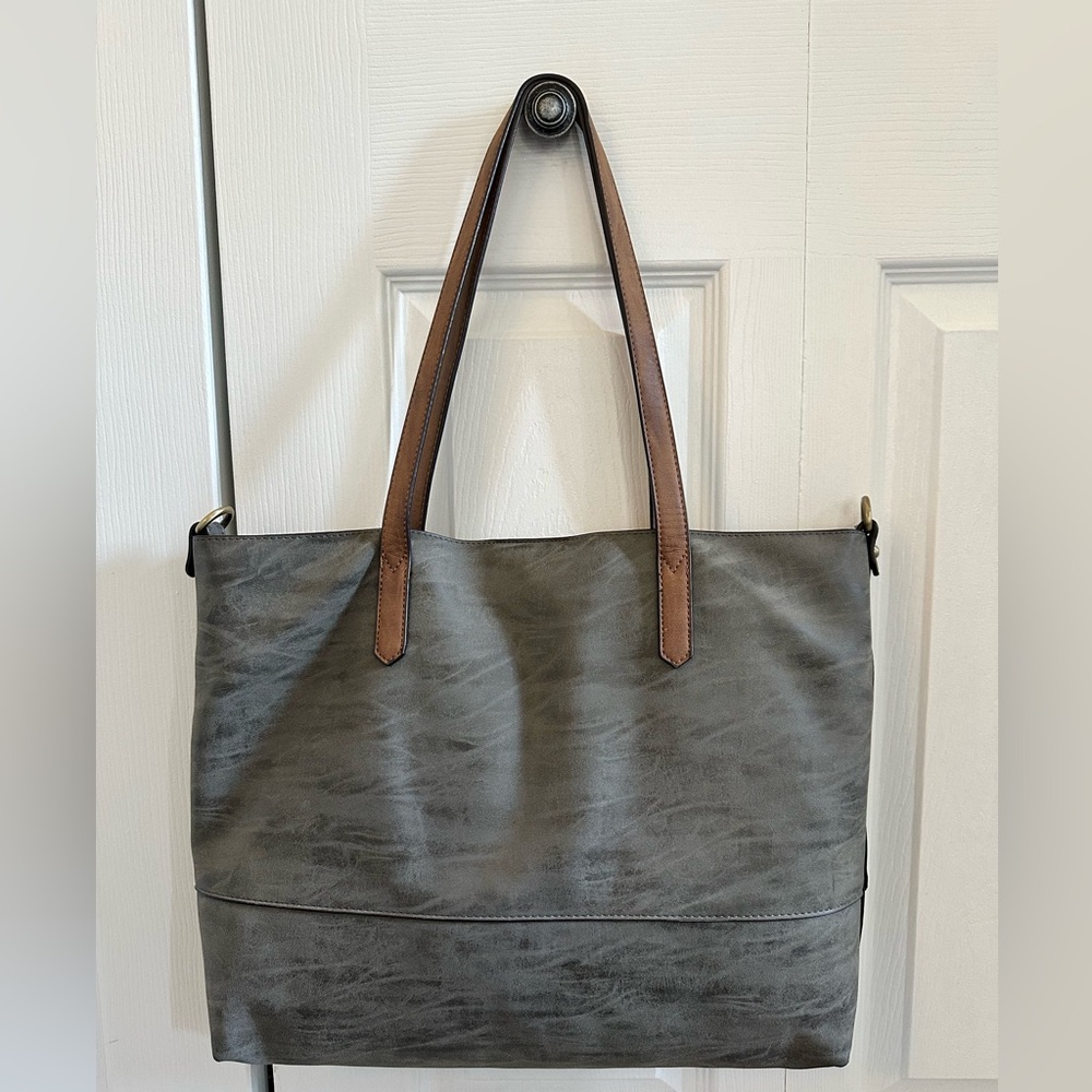 Beautiful Gray Tote Bag with Brown Handles